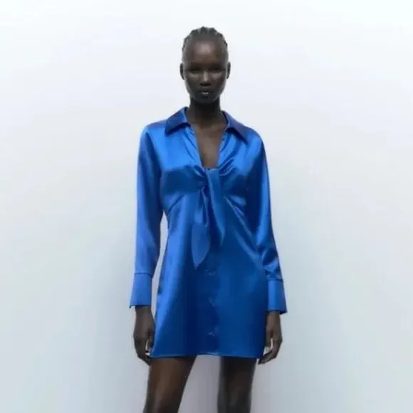 Zara Blue Satin Effect Long Sleeve Knotted Dress Lapel Collar Size Small - Picture 2 of 9
